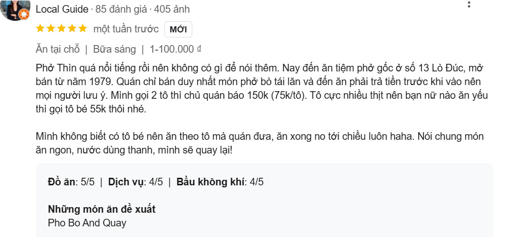 Cảm nhận chân thật của khách hàng về quán Phở Thìn 13 Lò Đúc (Ảnh: Sưu tầm Internet)