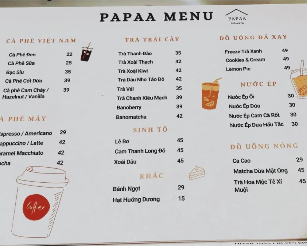 Tham khảo menu đồ uống tại quán (Ảnh: PAPAA Coffee & Tea) 