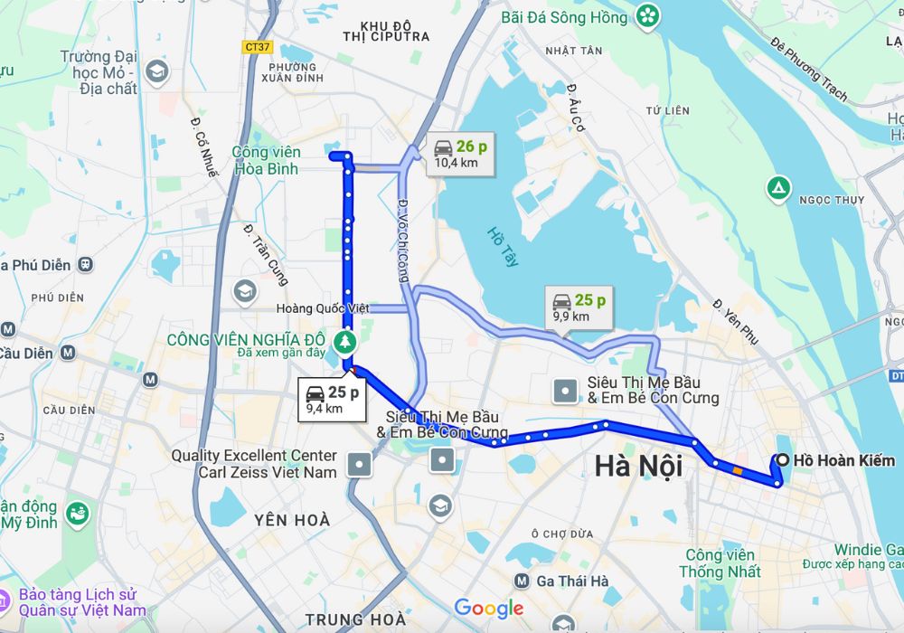 Tuyến đường nhanh và gần nhất để di chuyển đến công viên (Ảnh: Google Maps)