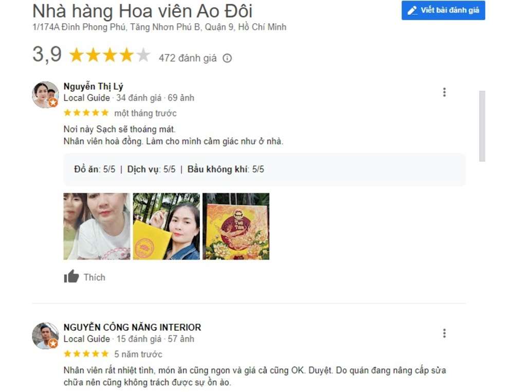 Nhà hàng Hoa Viên Ao Đôi được các thực khách đánh giá cao (Ảnh: Google Maps)