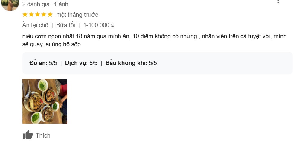 Đánh giá chân thực từ khách hàng đến quán Cơm niêu Singapore (Ảnh: Sưu tầm Internet)