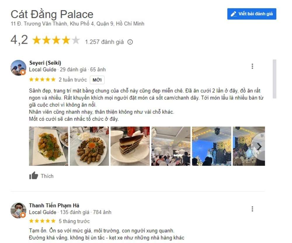 Thực khách dành nhiều lời khen cho nhà hàng Cát Đằng (Ảnh: Google Maps)