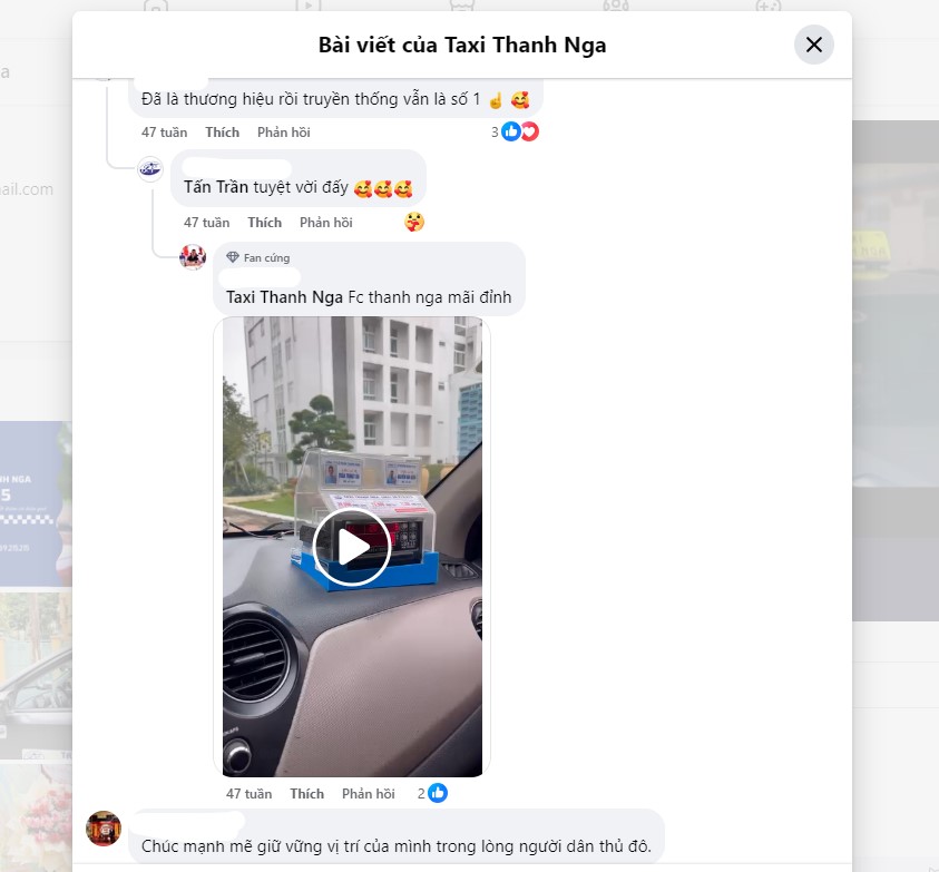 Phản hồi Taxi Thanh Nga trên trang Fanpage chính thức của hãng