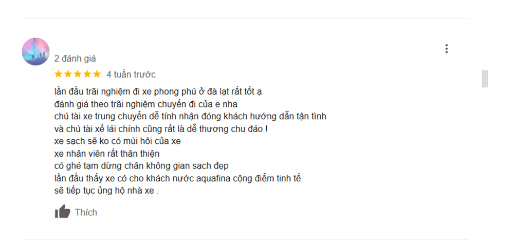 Đánh giá tốt của khách hàng về xe Phong Phú (Ảnh: Google Maps)