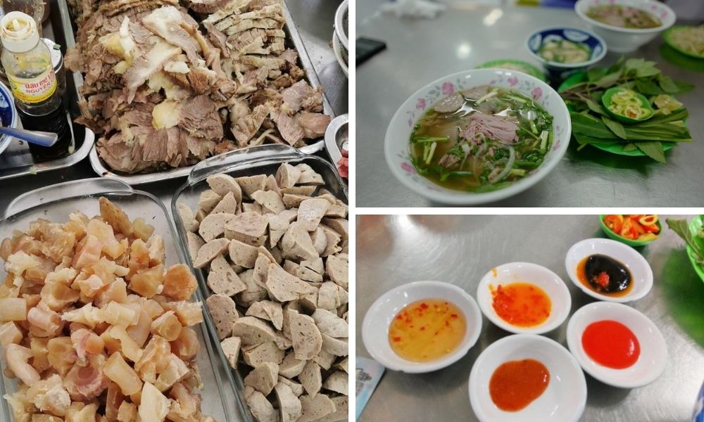 Phở Phú Vương phục vụ đa dạng các loại topping như thịt bò tái thăn, gầu, nạm, bắp và nước chấm ăn kèm