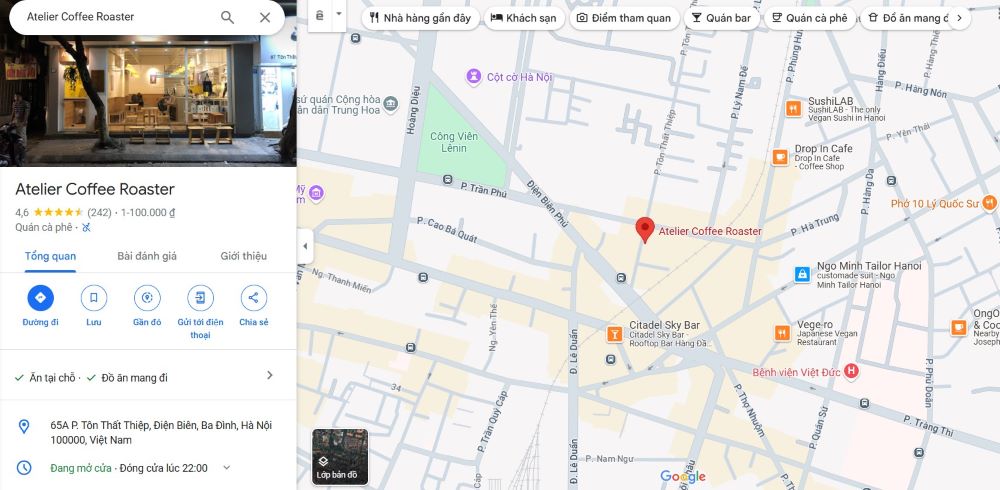 Atelier Coffee Roaster nằm trên con phố Tôn Thất Thiệp, Hà Nội (Ảnh: Google Maps)