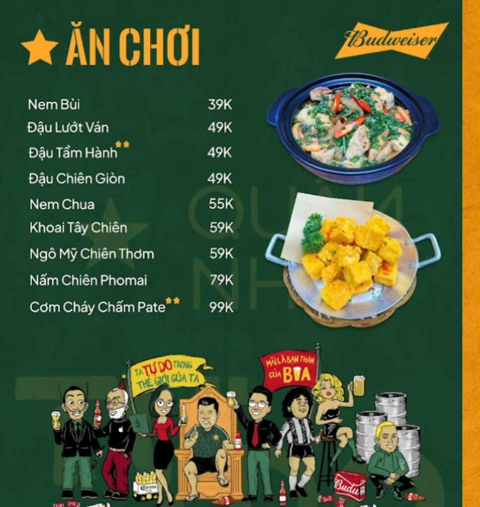 Menu đa dạng món tại quán nhậu Tự Do (Ảnh: Sưu tầm Internet)