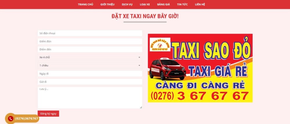 Giao diện đặt taxi trên website Sao Đỏ tại Tây Ninh