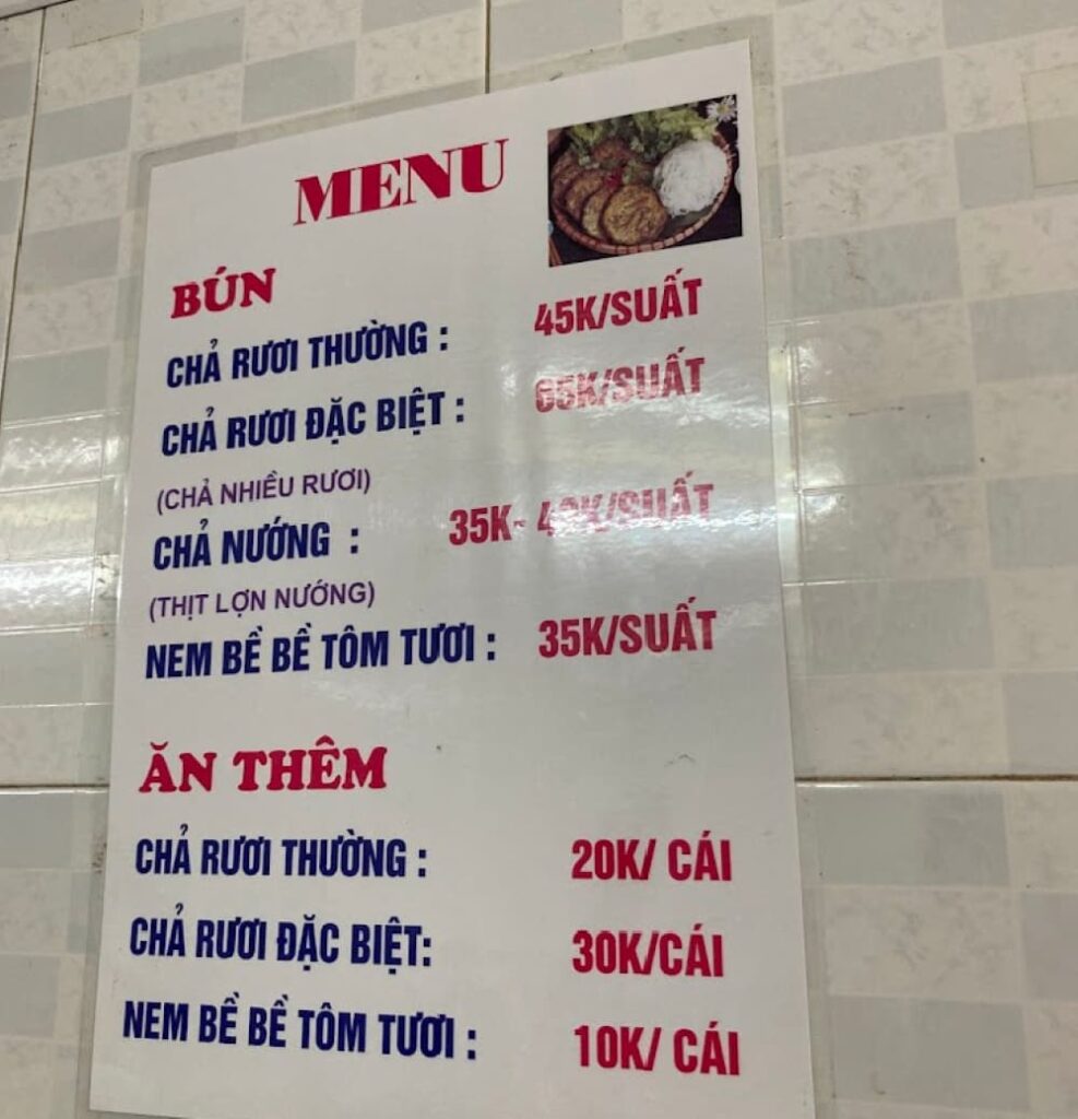 Menu quán Chả Rươi Hằng Béo (Ảnh: Sưu tầm Internet)