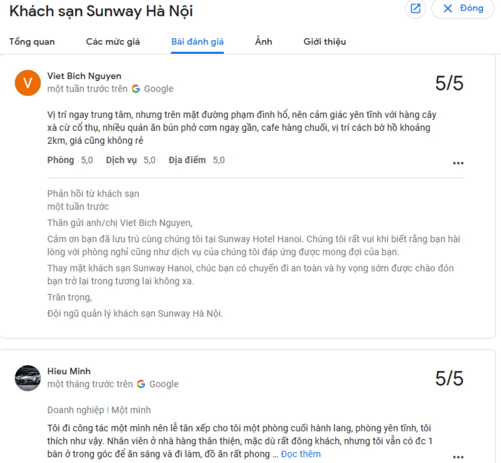 Nhận xét của khách hàng về chất lượng dịch vụ tại khách sạn Sunway (Ảnh: Sưu tầm Internet)