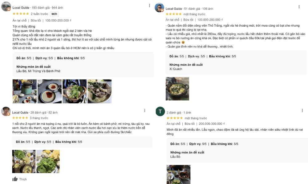 Đánh giá của khách hàng về lẩu bò Hạnh (Ảnh: Google Maps)