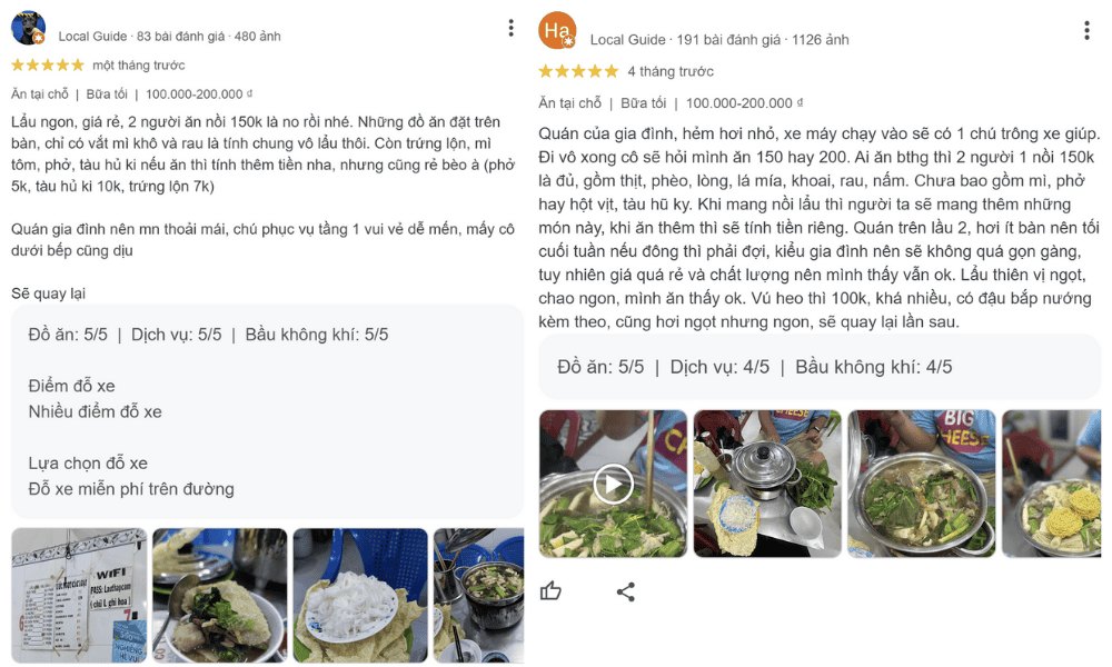 Đánh giá của khách hàng về lẩu bò cô Liên (Ảnh: Google Maps)