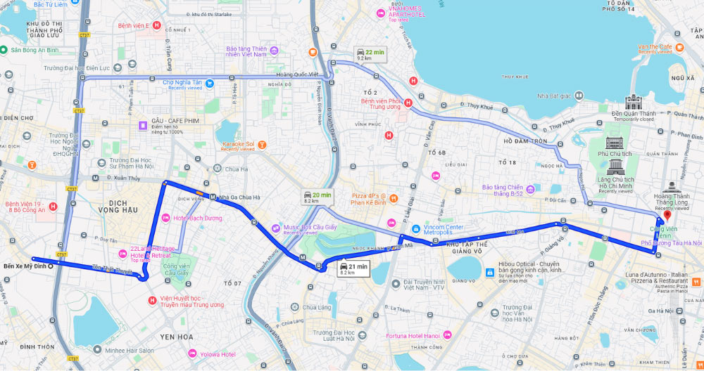 Lộ trình di chuyển từ bến xe Mỹ Đình đến di tích Cột cờ Hà Nội