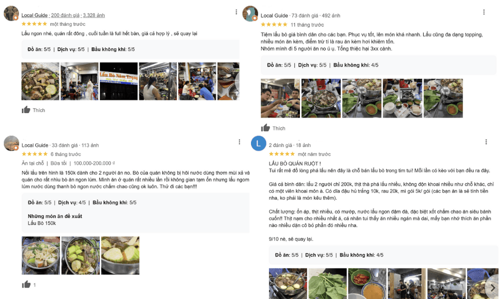 Đánh giá của khách hàng về Lẩu bò Năm Trọng (Ảnh: Google Maps)