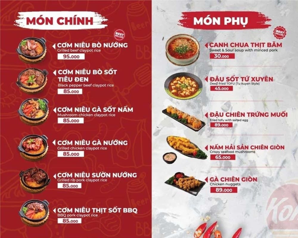 Menu cơm niêu tại quán Kombo Singapore (Ảnh: Sưu tầm Internet)