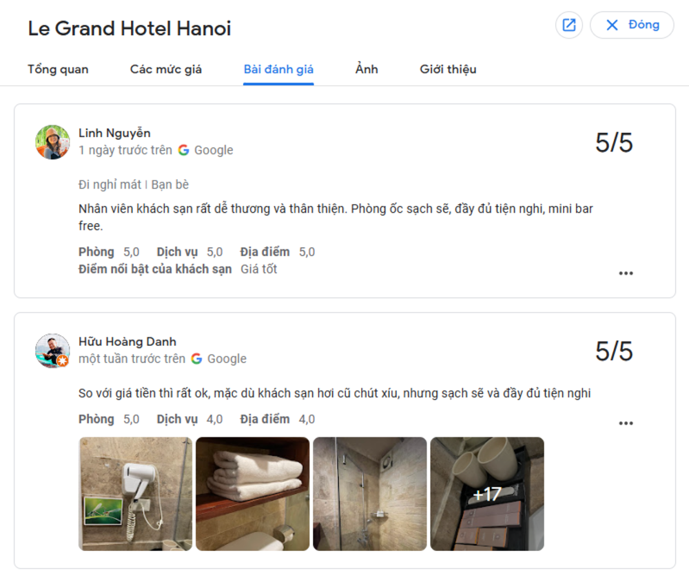 Đánh giá của khách hàng về Hanoi Le Grand Hotel (Ảnh: Sưu tầm Internet)
