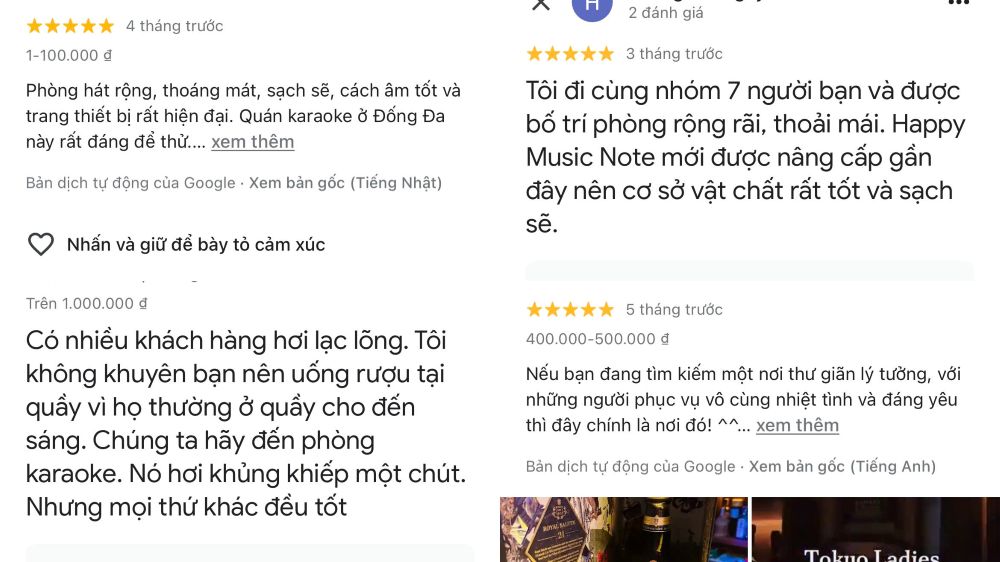 Những đánh giá chân thật của khách hàng khi đến trải nghiệm quán Tokyo Ladies Bar & Karaoke 