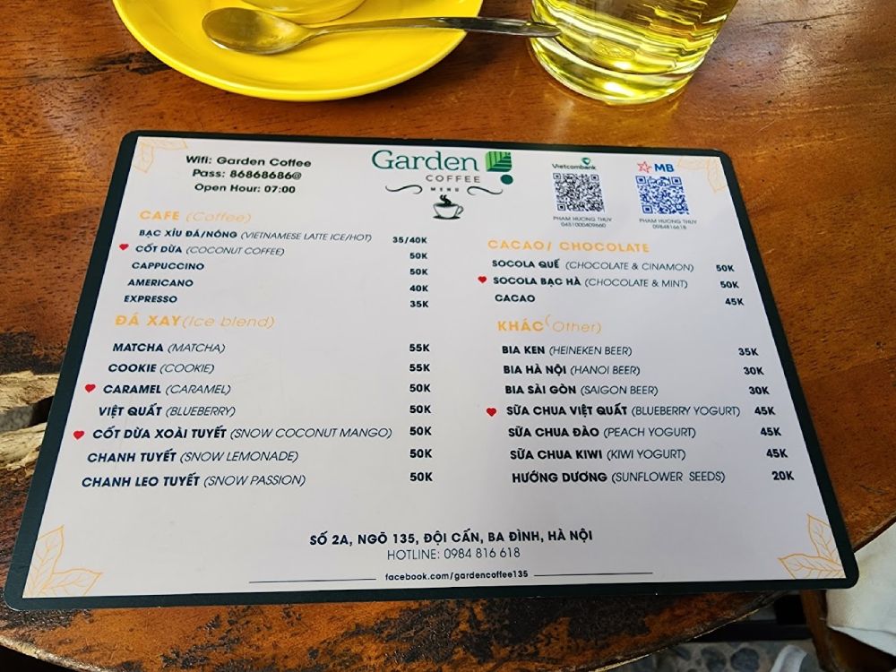 Menu đa dạng, giá cả hợp lý tại Garden Coffee Đội Cấn (Ảnh: Sưu tầm Internet)