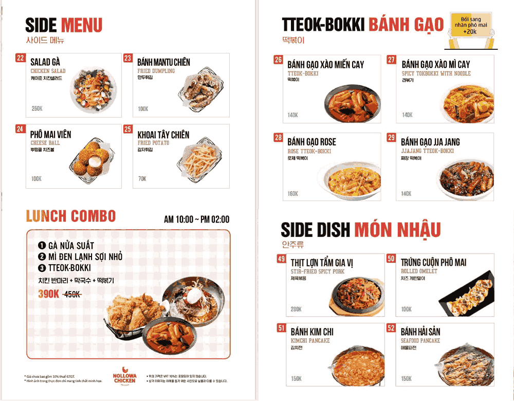 Menu đa dạng từ các món gà đến các món Hàn 