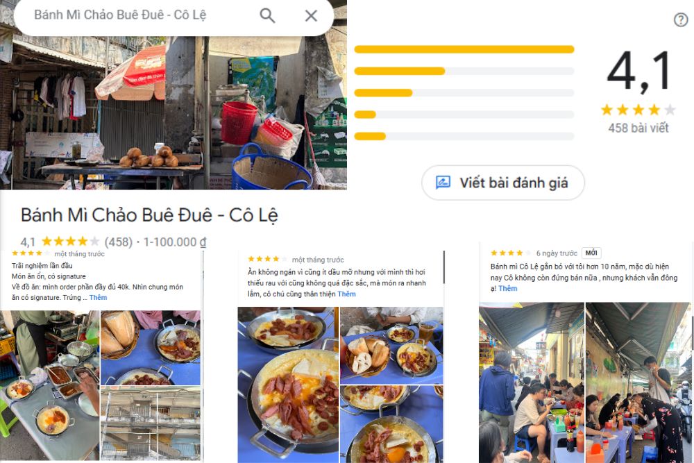 Bánh mì chảo cô Lệ nhận được đánh giá 4,1/ 5 sao từ khách hàng (Ảnh: Google Maps)