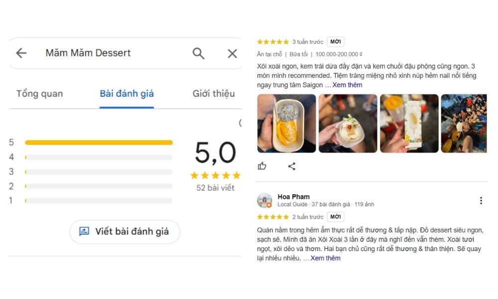 Đánh giá và nhận xét của khách hàng danh cho Măm Măm Dessert (Ảnh: Google Maps)