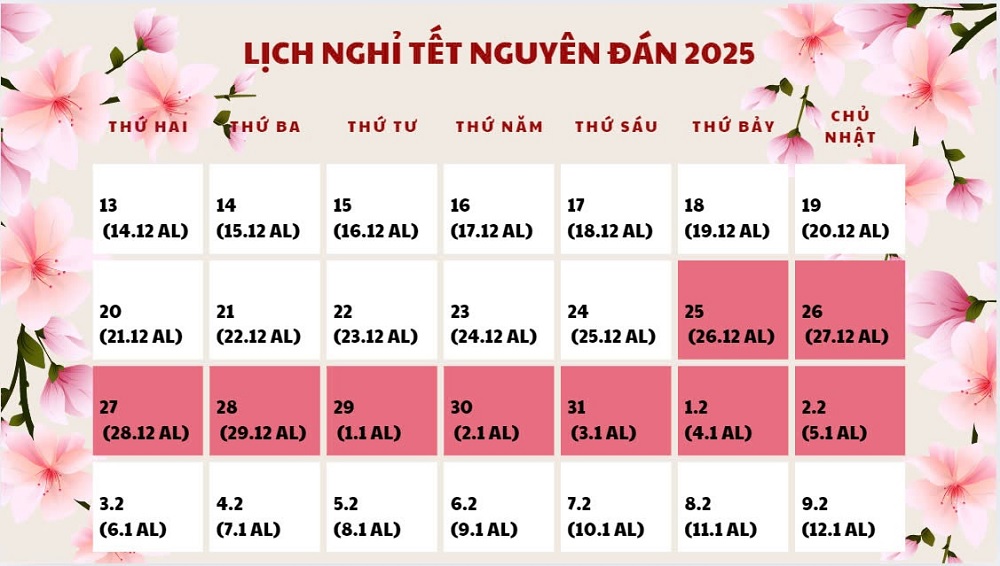 Lịch nghỉ Tết Nguyên Đán 2025 bắt đầu từ ngày 25/12 (26 tháng chạp)