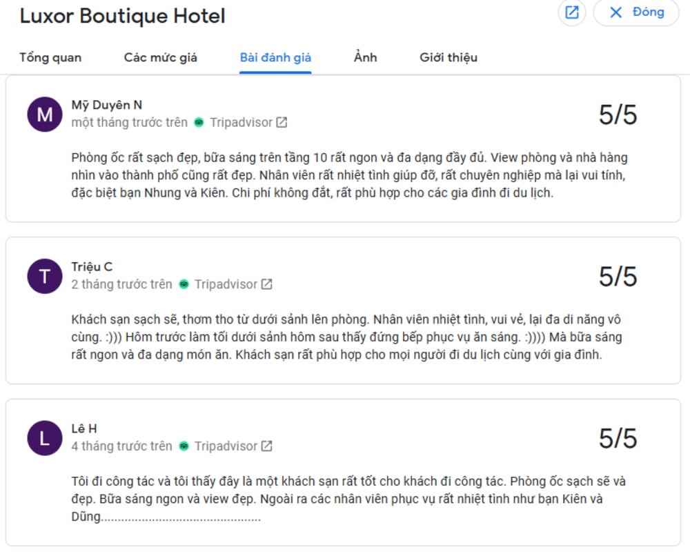 Đánh giá của khách hàng trải nghiệm dịch vụ tại Luxor Boutique Hotel (Ảnh: Sưu tầm Internet)