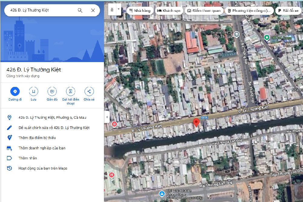 Trụ sở văn phòng đại diện nhà xe Giáp Diệp nằm tại Số 426 Lý Thường Kiệt, Khóm 2, Phường 6, TP. Cà Mau, tỉnh Cà Mau (Ảnh: Google Map)