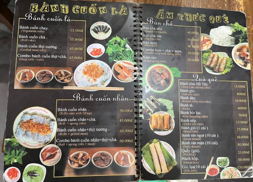 Menu quán bánh cuốn Bà Hoành nổi tiếng quận Hai Bà Trưng (Ảnh: Sưu tầm Internet)