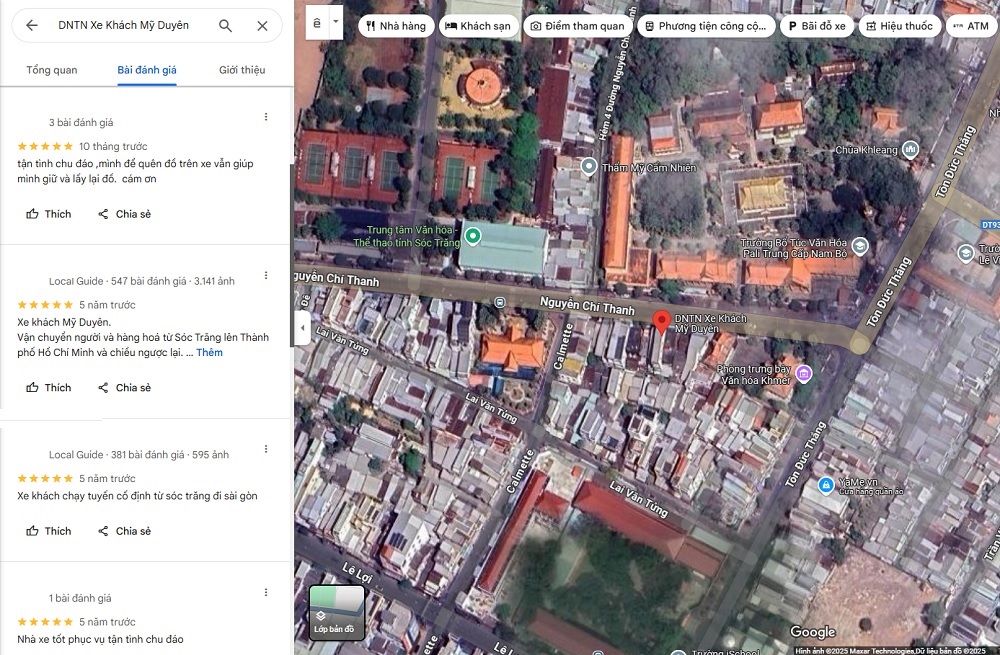 Một số đánh giá từ khách hàng đã sử dụng dịch vụ nhà xe Mỹ Duyên (Ảnh: Google Maps)