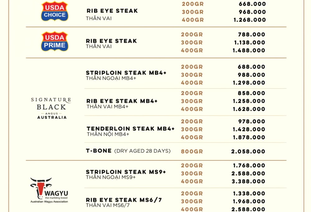 Một phần thực đơn của nhà hàng Moo Beef Steak Prime