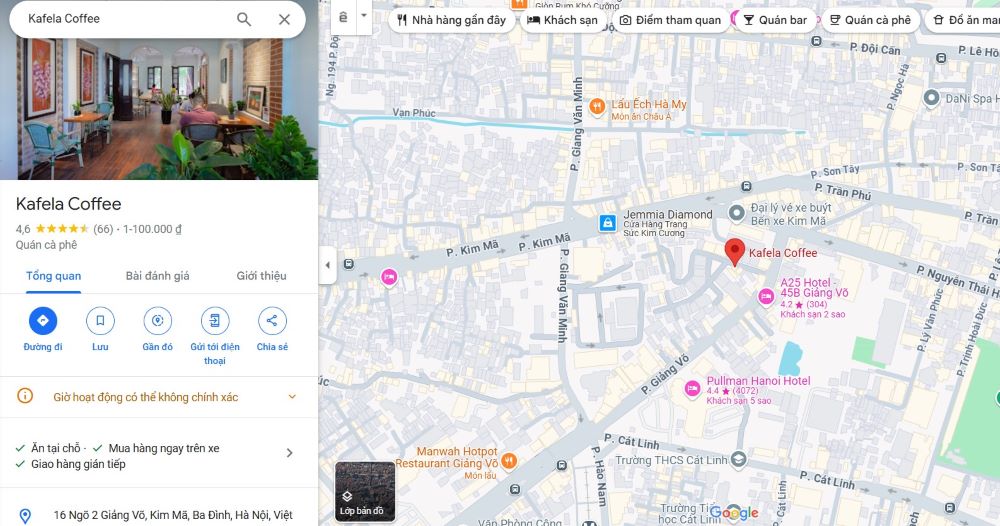 Kafela Coffee nằm ngay trên phố Kim Mã, Ba Đình (Ảnh: Google Maps)