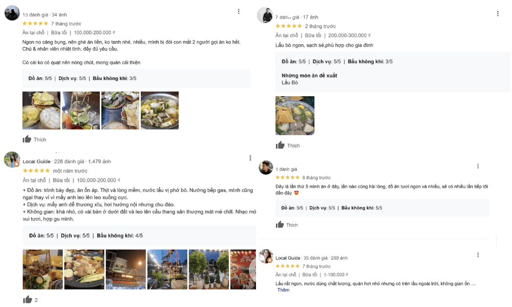 Đánh giá của khách hàng về lẩu bò Trì Phương (Ảnh: Google Maps)