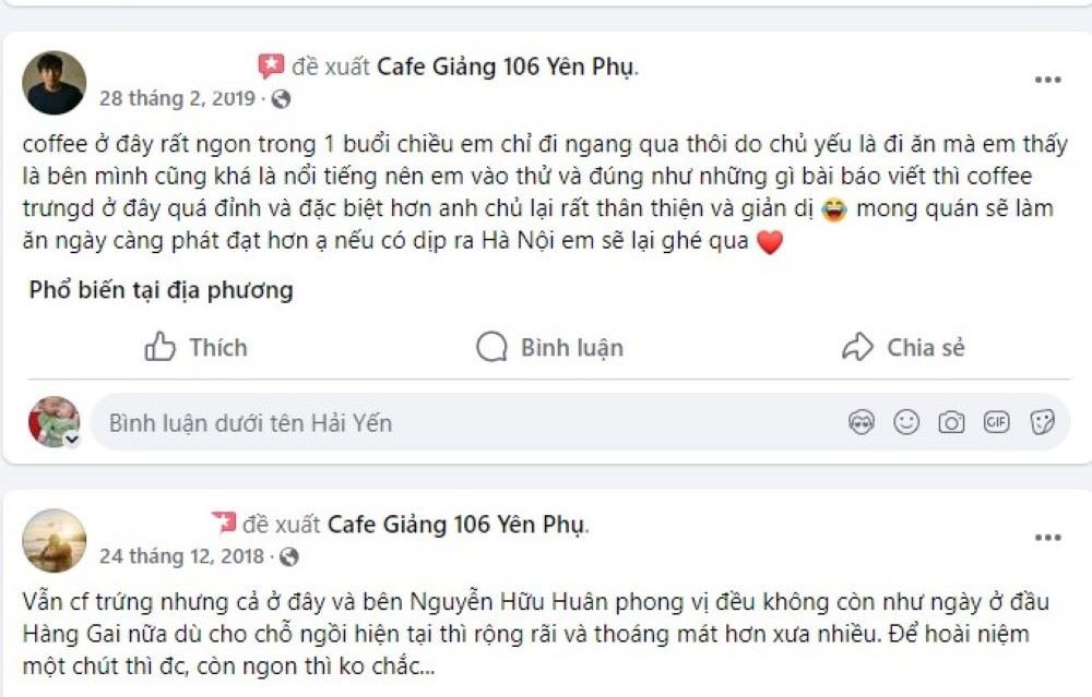 Đánh giá từ người dùng trên Fanpage Cafe Giảng 106 Yên Phụ