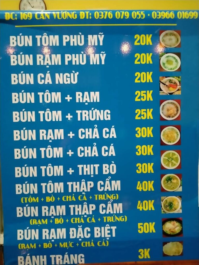 Thực đơn phong phú của quán bún rạm Nàng Bông 2 (Ảnh: Sưu tầm internet)