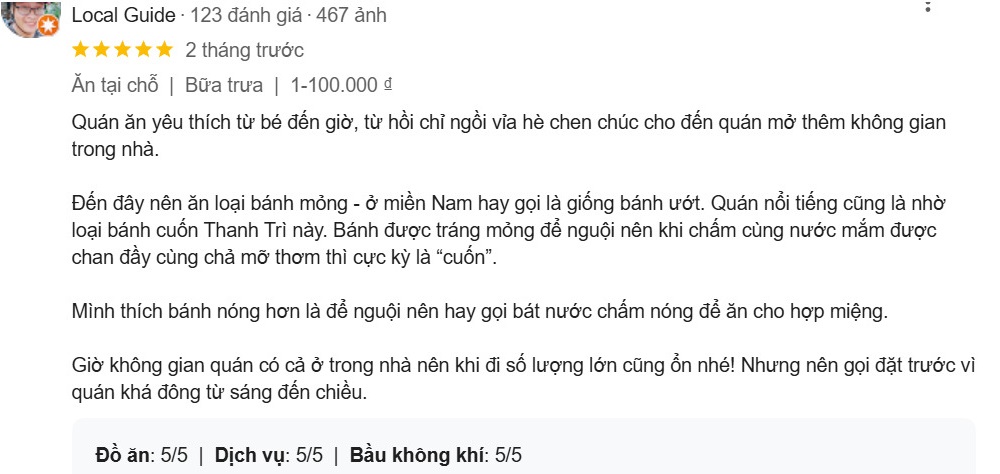 Đánh giá của khách hàng về bánh cuốn Bà Hoành (Ảnh: Sưu tầm Internet)