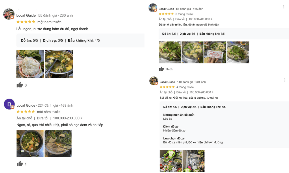 Đánh giá của khách hàng về lẩu bò Trang (Ảnh: Google Maps)