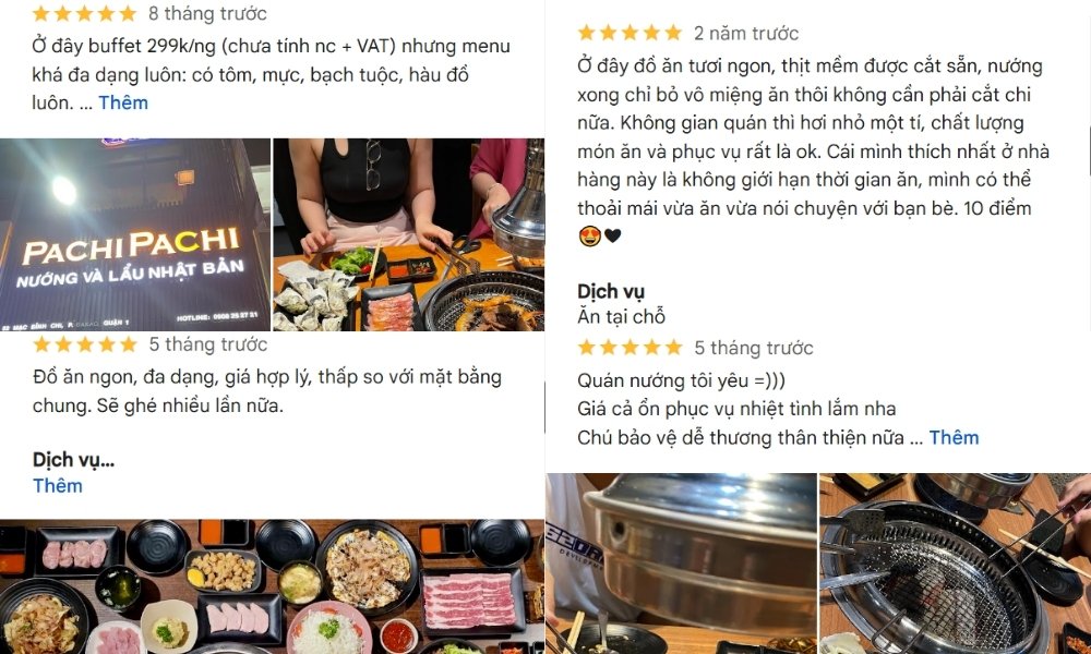 Khách hàng đánh giá 5 sao về chất lượng đồ ăn và dịch vụ tại nhà hàng buffet lẩu nướng Pachi Pachi 