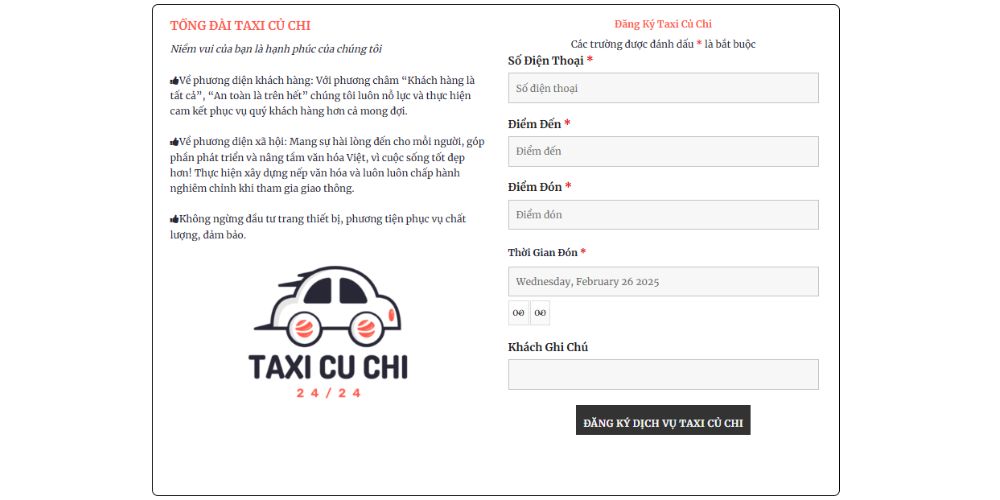 Giao diện đăng ký đặt xe Taxi Củ Chi trên website chính thức của hãng 