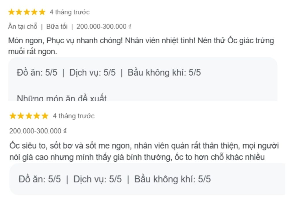 Nhận xét tích cực của khách hàng về quán Ốc Diễm 