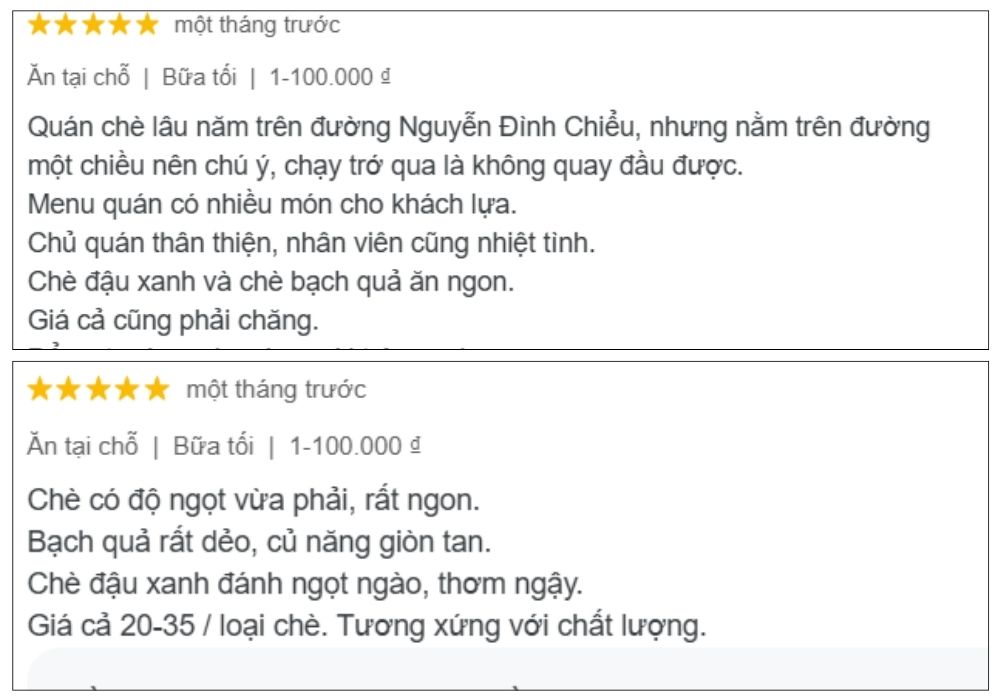 Đánh giá và nhận xét của khách hàng về chè Hiển Khánh (Ảnh: Google Maps)