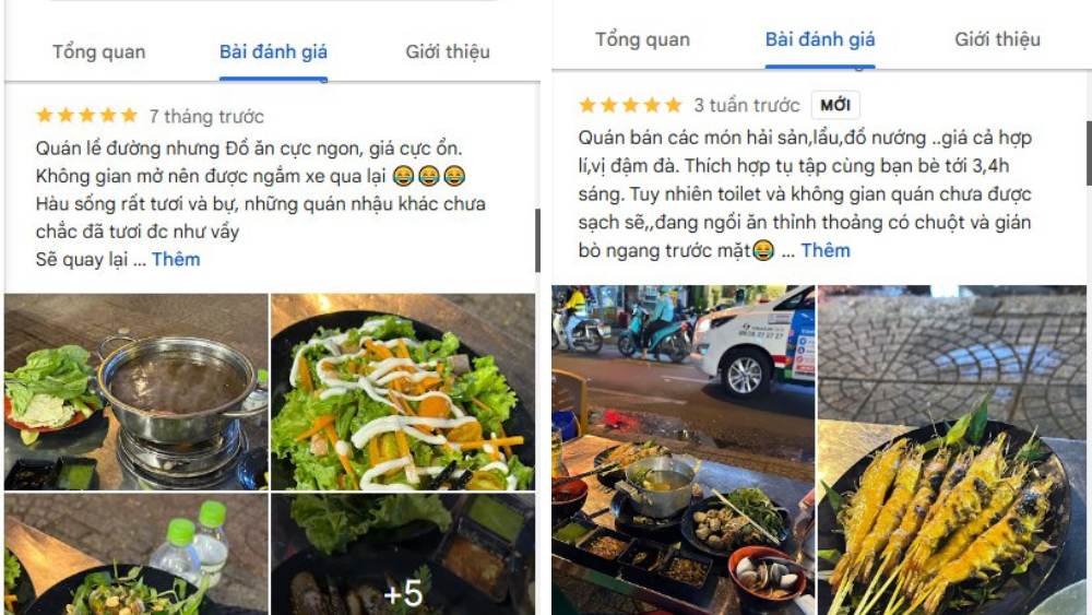 Các nhận xét từ khách hàng về giá phải chăng, menu phong phú, hải sản tươi ngon ở Quen 76 (Ảnh: Google Maps)