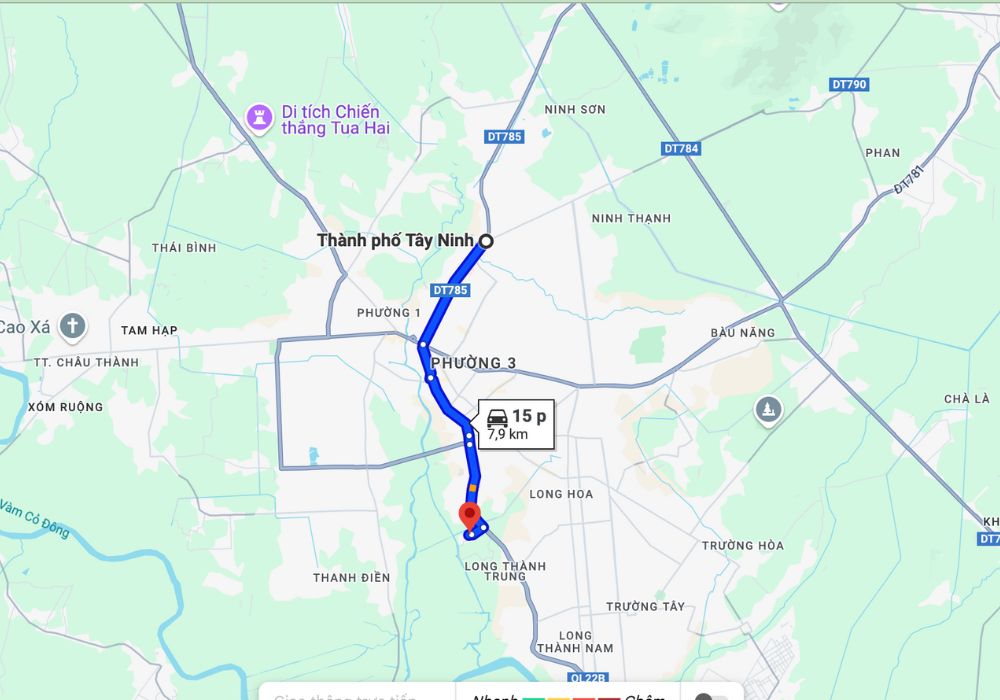 Lộ trình từ trung tâm thành phố Tây Ninh đến Chùa Thiền Lâm (Ảnh: Google Maps)