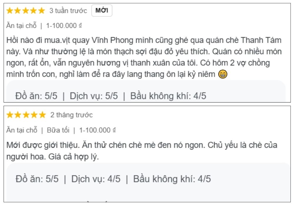 Quán chè Thanh Tâm nhận được những đánh giá tích cực từ khách hàng (Ảnh: Google Maps)