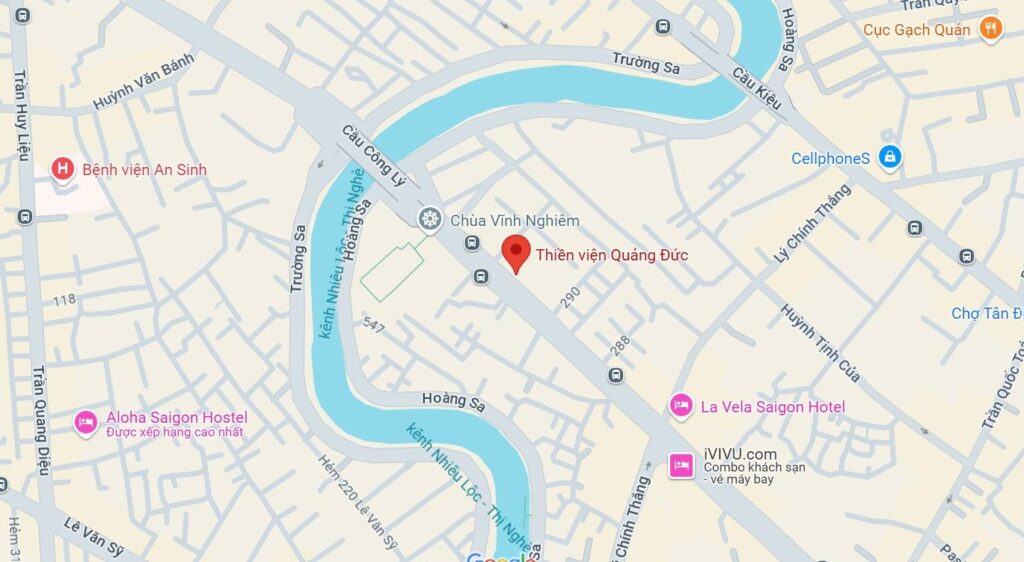 Thiền viện Quảng Đức ở gần cầu Công Lý và chùa Vĩnh Nghiêm (Ảnh: Google Maps) 