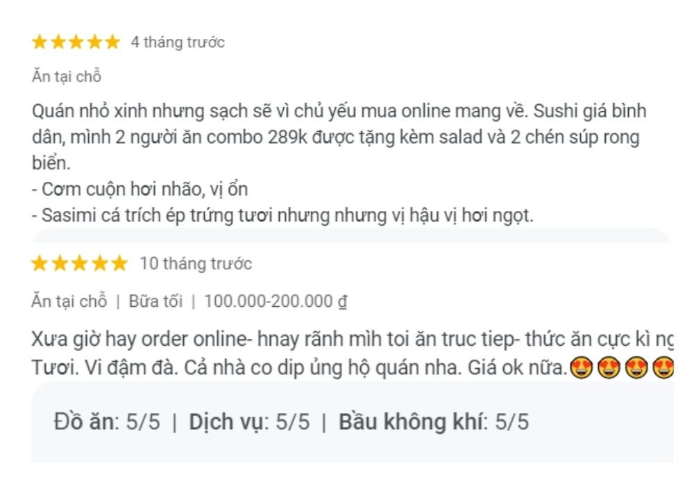 Đánh giá của khách hàng về chất lượng món ăn tại TL Sushi 