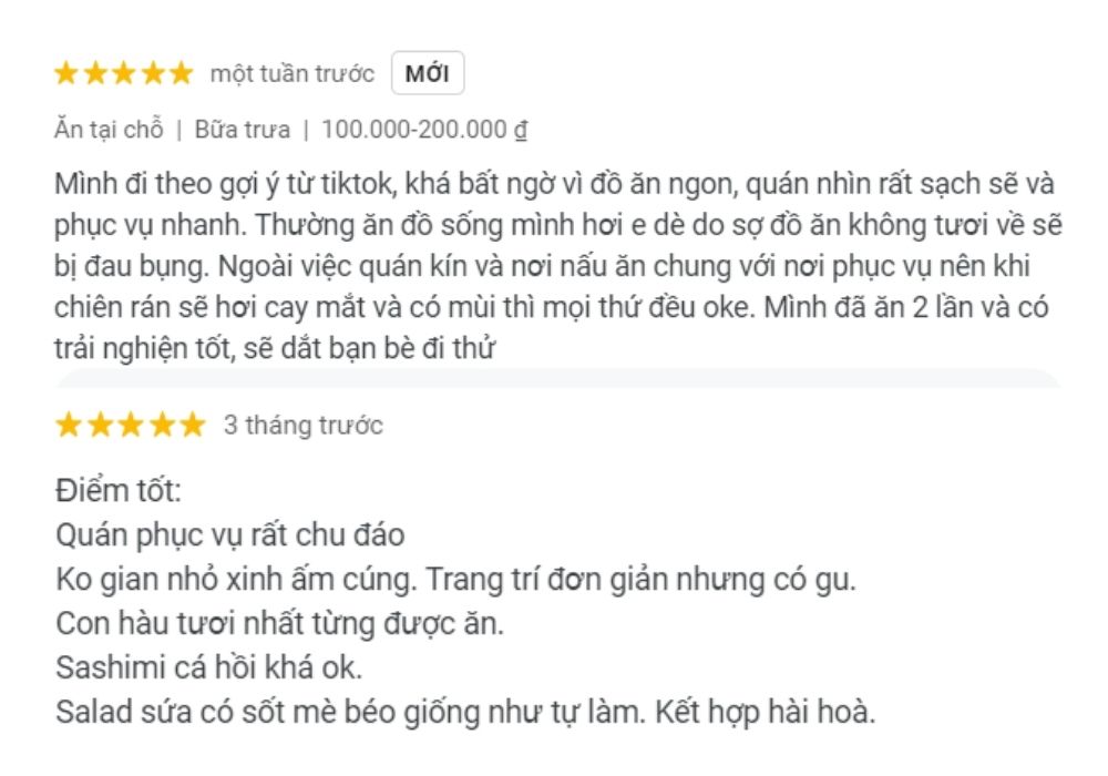 Đánh giá của khách hàng sau khi có những trải nghiệm tốt tại quán 