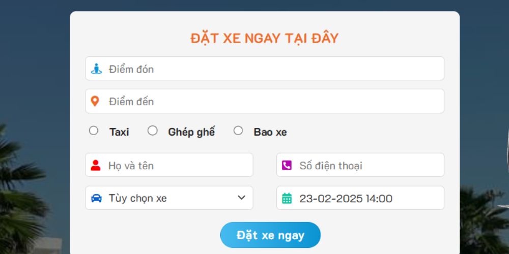 Giao diện đặt xe trực tuyến trên website của hãng Taxi Long An trên website chính thức