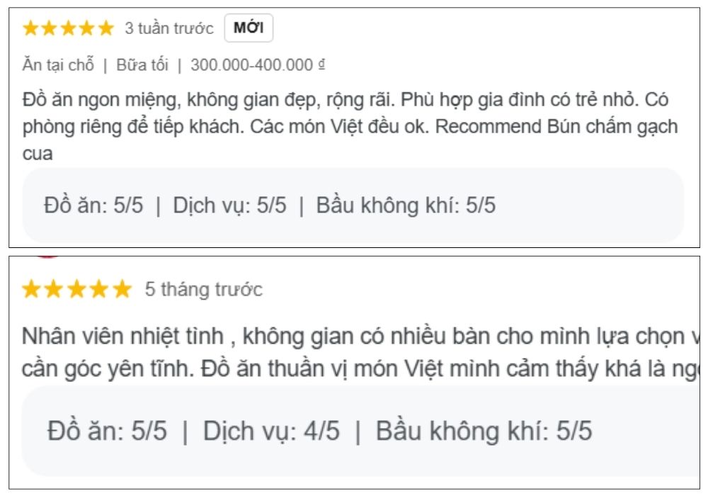 Những nhật xét tích cực của khách hàng về trải nghiệm tại Lách Ca Lách Cách (Ảnh: Google Maps)