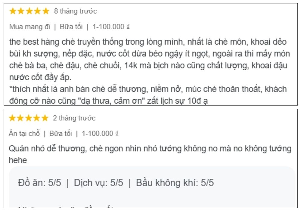 Đánh giá và nhận xét của khách hàng về chè Cô Lộc (Ảnh: Google Maps)